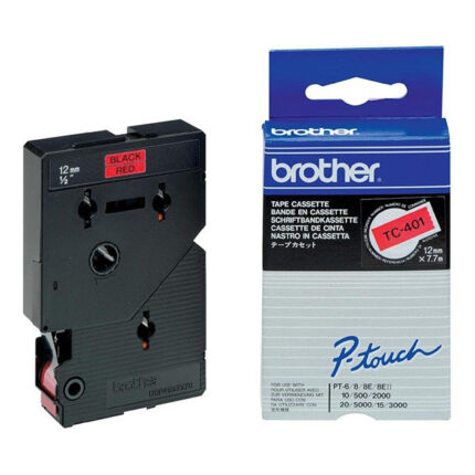 Brother TC401 Nastro laminato originale per etichettatrice - Testo nero su sfondo rosso - Larghezza 12 mm x 7 metri