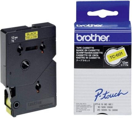 Brother TC601 Nastro laminato originale per etichettatrice - Testo nero su sfondo giallo - Larghezza 12 mm x 7 metri