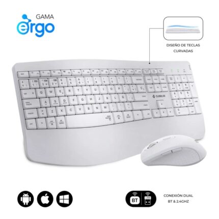 Subblim Dual Office Prowave White Pack con tastiera ergonomica + mouse 3200 dpi wireless Bluetooth 5.3 e ricevitore USB - Batteria ricaricabile - Colore bianco