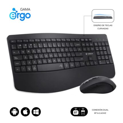 Subblim Dual Office Prowave Black Pack con tastiera ergonomica + mouse 3200 dpi wireless Bluetooth 5.3 e ricevitore USB - Batteria ricaricabile - Colore nero