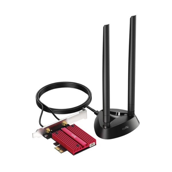 Cudy Adattatore di rete PCIe Tribanda WiFi 7 BE9300 - Bluetooth 5.4 - Dissipatore termico - Base antenna magnetizzata - Colore nero/rosso Cudy Adattatore di rete PCIe Tribanda WiFi 7 BE9300 - Bluetooth 5.4 - Dissipatore termico - Base antenna magnetizzata - Colore nero/rosso