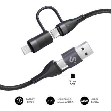 Subblim Cable Top 4 in 1 - USB-A USB-C Lightning - 60W - Nylon intrecciato - Ricarica rapida - 1 metro