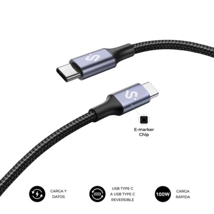 Cavo Subblim Plus USB-C - 100 W - Nylon intrecciato - 480 Mbps - Chip E-Marker - 1 metro - Colore nero