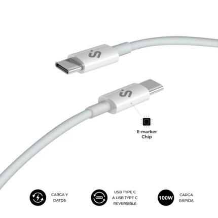 Cavo Subblim Plus USB-C - 100 W - Nylon intrecciato - 480 Mbps - Chip E-Marker - 1 metro - Colore bianco