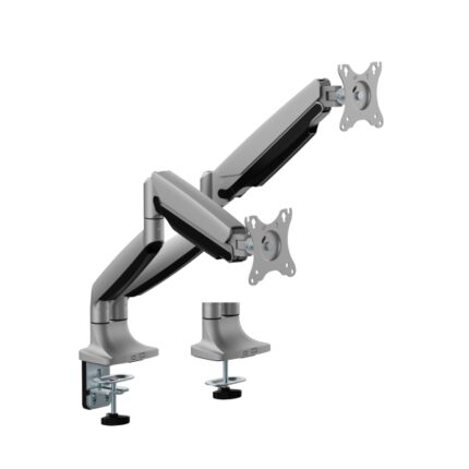 Supporto da tavolo Ewent con doppio braccio articolato per monitor fino a 35" - Girevole e inclinabile - Gestione dei cavi - Peso massimo di 15 kg per monitor - VESA 100x100 - 134x625x663 mm - Colore argento