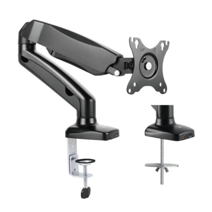 Ewent Supporto da tavolo con braccio articolato per monitor fino a 34" - Molla a gas - Girevole e inclinabile - Gestione dei cavi - Peso massimo 9 kg - VESA 100x100 - 1x USB-A 3.1 Gen1 - Ingresso jack e microfono - 117x610x370 mm - Colore nero