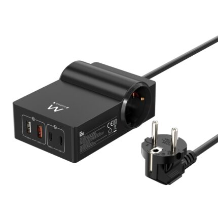 Ewent Caricatore USB con 2 prese di corrente tipo Schuko 16A - 65W GaN - 2x USB-A - 2x USB-C - Cavo da 1