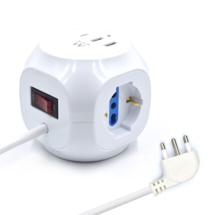 Ewent Ciabatta con 6 prese da tavolo a forma di cubo - 3 prese L/F (Schuko) - 2x USB-A - 1x USB-C - Spina italiana piatta ad angolo - Interruttore On/Off - Cavo da 1