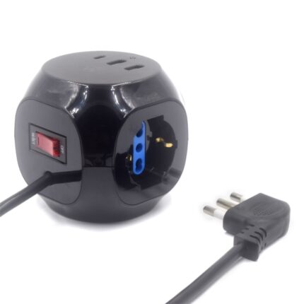 Ewent Ciabatta con 6 prese da tavolo a forma di cubo - 3 prese L/F (Schuko) - 2x USB-A - 1x USB-C - Spina italiana piatta ad angolo - Interruttore On/Off - Cavo da 1