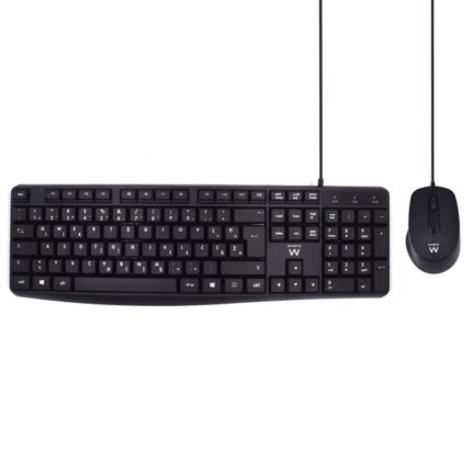 Ewent Pack Tastiera + Mouse per ufficio - Tasti silenziosi a profilo ribassato - 1000 dpi - Disposizione inglese QWERTY US - Cavo da 1