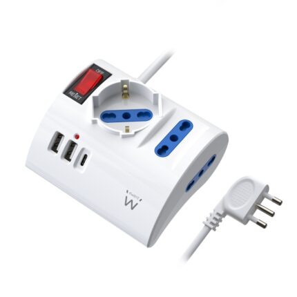 Ewent Ciabatta con 6 prese da tavolo - 2 prese L + 1 presa L/F (Schuko) - 2x USB-A - 1x USB-C - Spina italiana piatta ad angolo - Interruttore On/Off - Cavo da 1