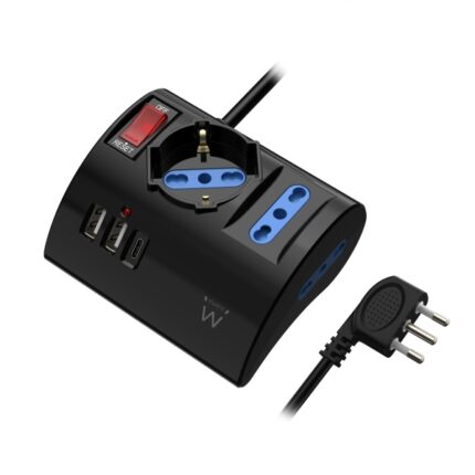 Ewent Ciabatta con 6 prese da tavolo - 2 prese L + 1 presa L/F (Schuko) - 2x USB-A - 1x USB-C - Spina italiana piatta ad angolo - Interruttore On/Off - Cavo da 1