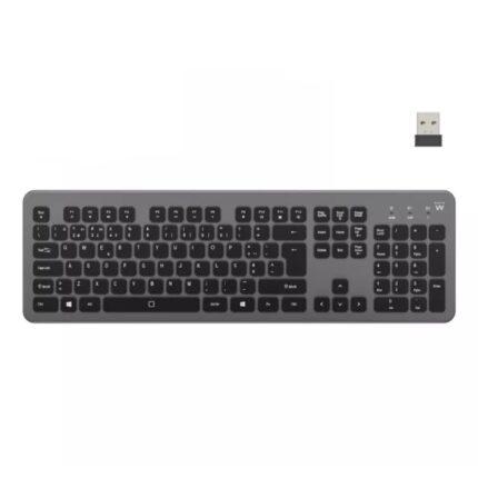 Tastiera wireless Ewent - Batteria ricaricabile al litio da 300 mAh - Disposizione QWERTY PT portoghese - Retroilluminazione - Tasti a basso profilo e silenziosi - Colore nero/grigio