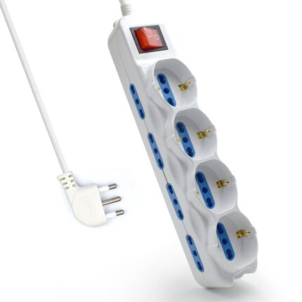 Ewent Ciabatta con 6 prese - 8 prese L + 4 prese L/F (Schuko) - Interruttore di accensione - Protezione bambini - Spina italiana piatta ad angolo - Cavo da 5 m - Colore bianco