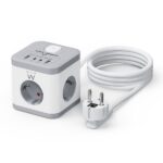 Ewent Ciabatta con 6 prese da tavolo - 3x Schuko 16A - 2x USB-A - 2x USB-C - Protezione bambini - Interruttore On/Off - Forma cubica - Cavo da 1