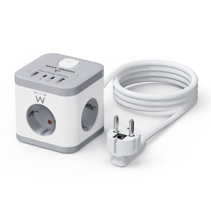 Ewent Ciabatta con 6 prese da tavolo - 3x Schuko 16A - 2x USB-A - 2x USB-C - Protezione bambini - Interruttore On/Off - Forma cubica - Cavo da 1