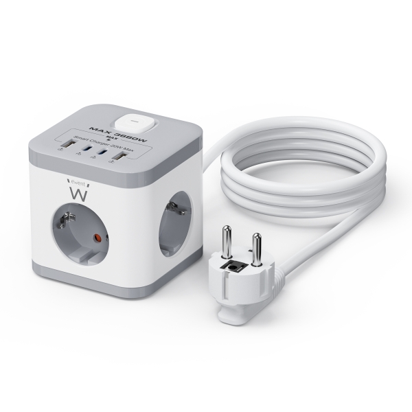 Ewent Ciabatta con 6 prese da tavolo - 3x Schuko 16A - 2x USB-A - 2x USB-C - Protezione bambini - Interruttore On/Off - Forma cubica - Cavo da 1 Ewent Ciabatta con 6 prese da tavolo - 3x Schuko 16A - 2x USB-A - 2x USB-C - Protezione bambini - Interruttore On/Off - Forma cubica - Cavo da 1