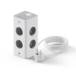 Ewent Ciabatta con 12 prese da tavolo - 8x Schuko 16A - 2x USB-A - 2x USB-C - Interruttore On/Off - Protezione bambini - Forma a torre - Cavo da 2 m - Colore bianco/grigio