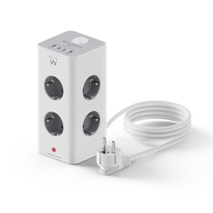 Ewent Ciabatta con 12 prese da tavolo - 8x Schuko 16A - 2x USB-A - 2x USB-C - Interruttore On/Off - Protezione bambini - Forma a torre - Cavo da 2 m - Colore bianco/grigio