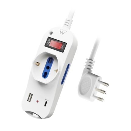 Ewent Ciabatta con 6 prese - 2 prese L + 1 presa L/F (Schuko) - 1x USB-A - 1x USB-C - Spina italiana piatta ad angolo - Interruttore On/Off - Cavo da 1