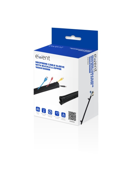 Ewent Manicotto organizzatore cavi in neoprene - Chiusura con cerniera e fibbia - Protezione dall'umidità - 1 m - 100 mm - Colore nero