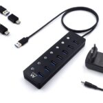 Ewent Hub USB 7 in 1 - Alimentazione esterna - Interruttori individuali - Adattatore USB-C incluso - Cavo da 1