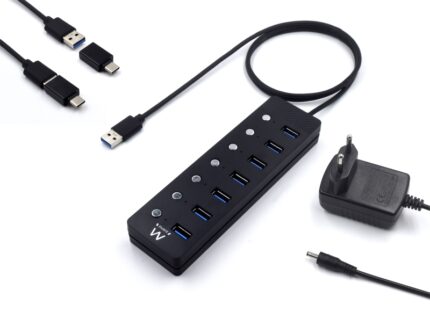 Ewent Hub USB 7 in 1 - Alimentazione esterna - Interruttori individuali - Adattatore USB-C incluso - Cavo da 1