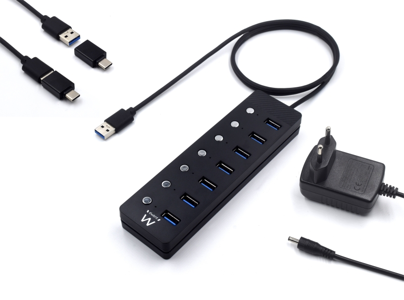 Ewent Hub USB 7 in 1 - Alimentazione esterna - Interruttori individuali - Adattatore USB-C incluso - Cavo da 1 Ewent Hub USB 7 in 1 - Alimentazione esterna - Interruttori individuali - Adattatore USB-C incluso - Cavo da 1