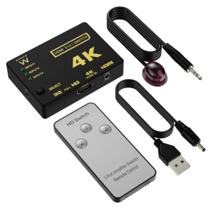 Ewent Switch Commutatore HDMI 3 in 1 - Risoluzione 4K - Telecomando - Cavo di alimentazione e IR inclusi - Colore nero