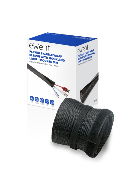Ewent Manicotto organizzatore cavi in poliestere - Chiusura in velcro - 1 m - 85 mm - Colore nero