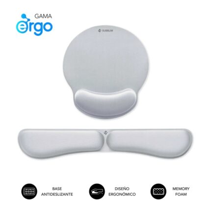 Subblim Pack Ergo MemoryFlex Tappetino ergonomico per mouse e poggiapolsi per tastiera - Schiuma elastica - Microtesturizzato impermeabile - Base antiscivolo - Colore argento