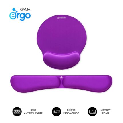 Subblim Pack Ergo MemoryFlex Tappetino ergonomico per mouse e poggiapolsi per tastiera - Schiuma elastica - Microtesturizzato impermeabile - Base antiscivolo - Colore lilla
