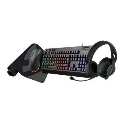 Unykach Pack Gaming NOVA 4in1 USB Tastiera multimediale + Mouse 7200dpi + Cuffie con microfono + Tappetino XL - Tastiera spagnola - Colore nero