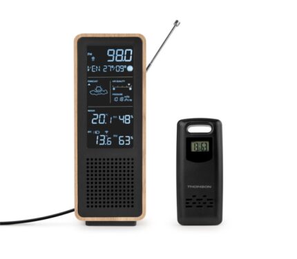 Thomson Altoparlante Bluetooth con stazione meteorologica e radio FM - Potenza musicale 15 W - Schermo retroilluminato - Sonda esterna wireless - Colore legno e nero