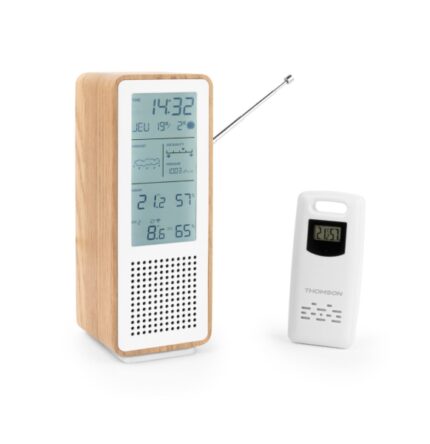 Thomson Altoparlante Bluetooth con stazione meteorologica e radio FM - Potenza musicale 15 W - Schermo retroilluminato - Sonda esterna wireless - Colore legno e bianco