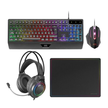 Mars Gaming MCP124PRO Combo Pack Gaming 4in1 - Tastiera ibrida H-Mech - Disposizione QWERTY ES - Mouse 3200dpi - Tappetino in nanotessuto - Colore nero