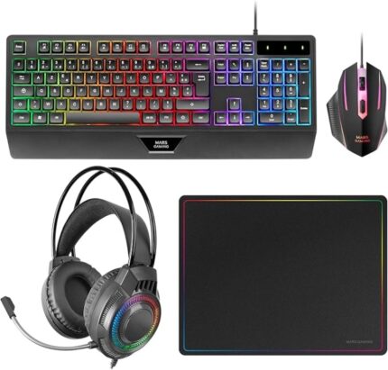 Mars Gaming MCP124PRO Combo Pack Gaming 4in1 - Tastiera ibrida H-Mech - Disposizione francese AZERTY FR - Mouse 3200 dpi - Tappetino nanotessile - Colore nero