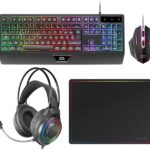 Mars Gaming MCP124PRO Combo Pack Gaming 4in1 - Tastiera ibrida H-Mech - Disposizione portoghese QWERTY PT - Mouse 3200dpi - Tappetino nanotessile - Colore nero