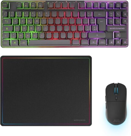 Mars Gaming MCPWTKL Combo Pack Gaming 3in1 - Tastiera ibrida H-Mech Formato TKL - Disposizione francese AZERTY FR - Mouse 3200dpi - Interruttori HUANO - Colore nero