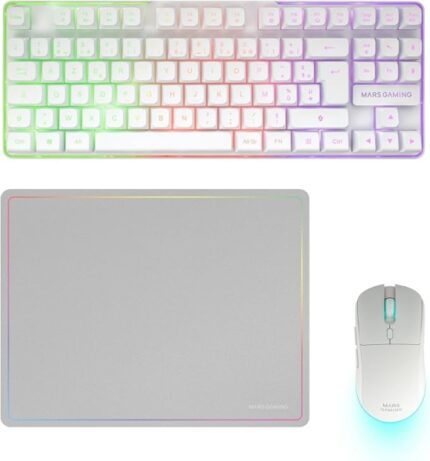 Mars Gaming MCPWTKL Combo Pack Gaming 3in1 - Tastiera ibrida H-Mech formato TKL - Disposizione francese AZERTY FR - Mouse 3200dpi - Interruttori HUANO - Colore bianco