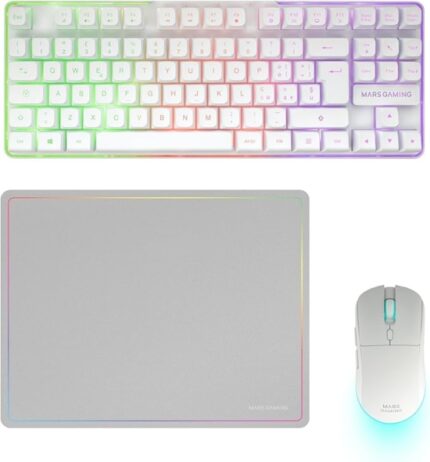 Mars Gaming MCPWTKL Combo Pack Gaming 3in1 - Tastiera ibrida H-Mech formato TKL - Disposizione italiana QWERTY IT - Mouse 3200 dpi - Interruttori HUANO - Colore bianco