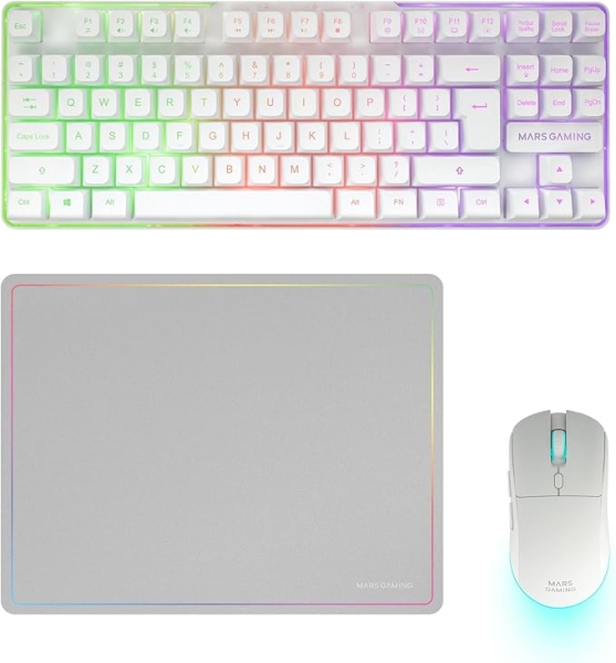 Mars Gaming MCPWTKL Combo Pack Gaming 3in1 - Tastiera ibrida H-Mech formato TKL - Disposizione internazionale QWERTY US - Mouse 3200 dpi - Interruttori HUANO - Colore bianco Mars Gaming MCPWTKL Combo Pack Gaming 3in1 - Tastiera ibrida H-Mech formato TKL - Disposizione internazionale QWERTY US - Mouse 3200 dpi - Interruttori HUANO - Colore bianco