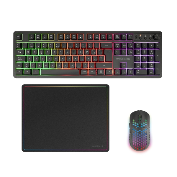 Mars Gaming MCPWX Combo Pack Gaming 3in1 - Tastiera ibrida H-Mech - Disposizione QWERTY ES - Mouse 3200dpi - Interruttori HUANO - Colore nero Mars Gaming MCPWX Combo Pack Gaming 3in1 - Tastiera ibrida H-Mech - Disposizione QWERTY ES - Mouse 3200dpi - Interruttori HUANO - Colore nero