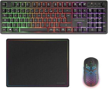 Mars Gaming MCPWX Combo Pack Gaming 3in1 - Tastiera ibrida H-Mech - Disposizione francese AZERTY FR - Mouse 3200 dpi - Interruttori HUANO - Colore nero