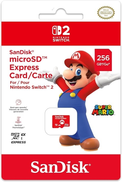 Scheda Micro SD Sandisk per console Nintendo Switch 2 - Capacità 256 GB - Logo Mario Bros - Velocità elevate e stabili - Prestazioni ottimizzate - Colore rosso