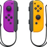 Set di 2 controller Joy-Con sinistro/destro per Nintendo Switch - Autonomia fino a 20 ore - Vibrazione HD - Sensore di movimento e accelerometro - Pulsante di cattura - Sensore NFC per Amiibo - Telecamera a infrarossi - Colore viola e arancione neon