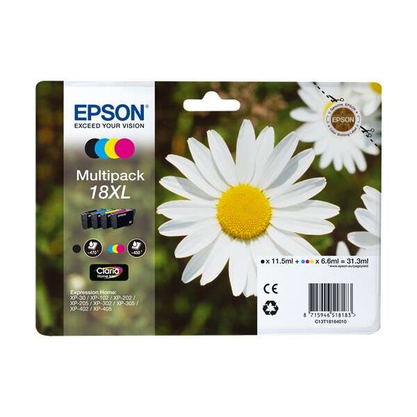 Epson T1816 (18XL) Confezione da 4 cartucce d'inchiostro originali - C13T18164012 Epson T1816 (18XL) Confezione da 4 cartucce d'inchiostro originali - C13T18164012