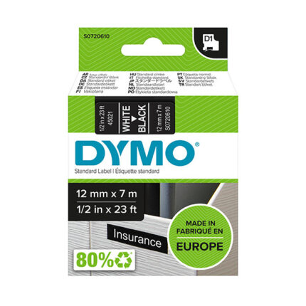 Dymo LM D1 45021 Nastro per etichette originale per etichettatrice - Testo bianco su sfondo nero - Larghezza 12 mm x Lunghezza 7 m