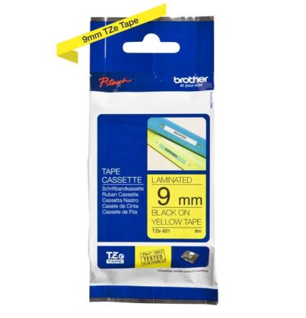 Brother TZe621 Nastro laminato originale per etichette - Testo nero su sfondo giallo - Larghezza 9 mm x 8 metri