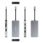 Nanocavo HUB USB-C 9 in 1 - Convertitore USB-C a 3 x USB-A + 2 x HDMI + RJ45 + TF + SD + USB-C PD 100W - Alluminio - 15 cm - Colore grigio - immagine 2